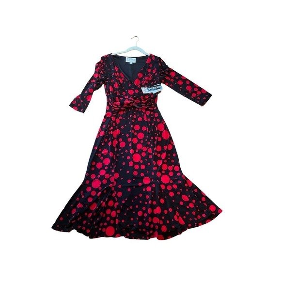 Julian Taylor Maxi Dress Women's 6 Black/Red Polka Dot Long Sleeve Surplice Neck - Picture 2 of 7